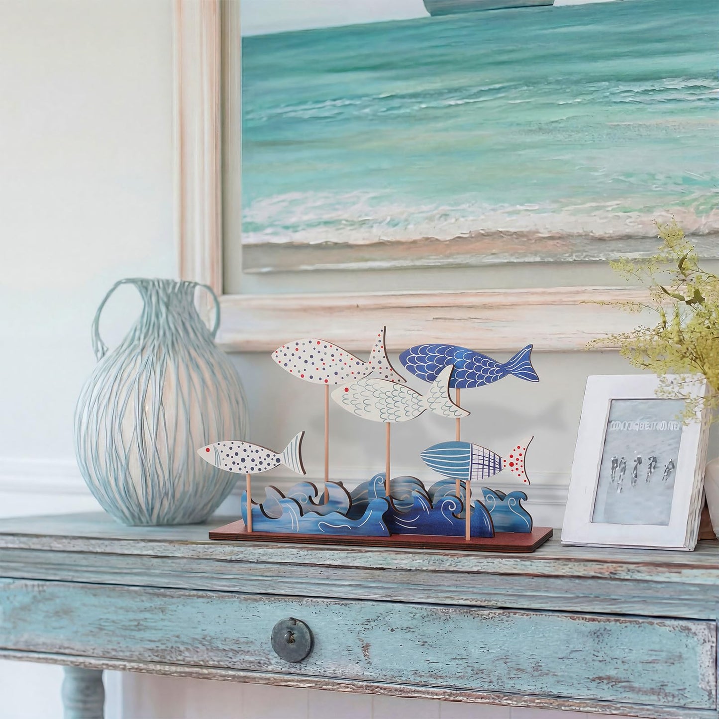 Novabright 10 Pcs Coastal Table Decor Wood School of Fish Sign Summer Beach Blue Sea Wave Centerpieces Ocean Standing Farmhouse Under The Sea Party Supplies for Home Cabinet Shelf Tabletop Decor