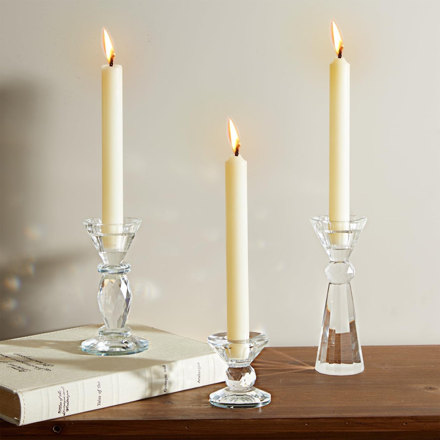 DN DECONATION Glass Candle Holder Set of 3, Candlesticks Holders Clear Crystal Tealight Candles Holder Home Decor Aesthetic for Table Centerpiece Wedding Decorations Housewarming Gift Living Room