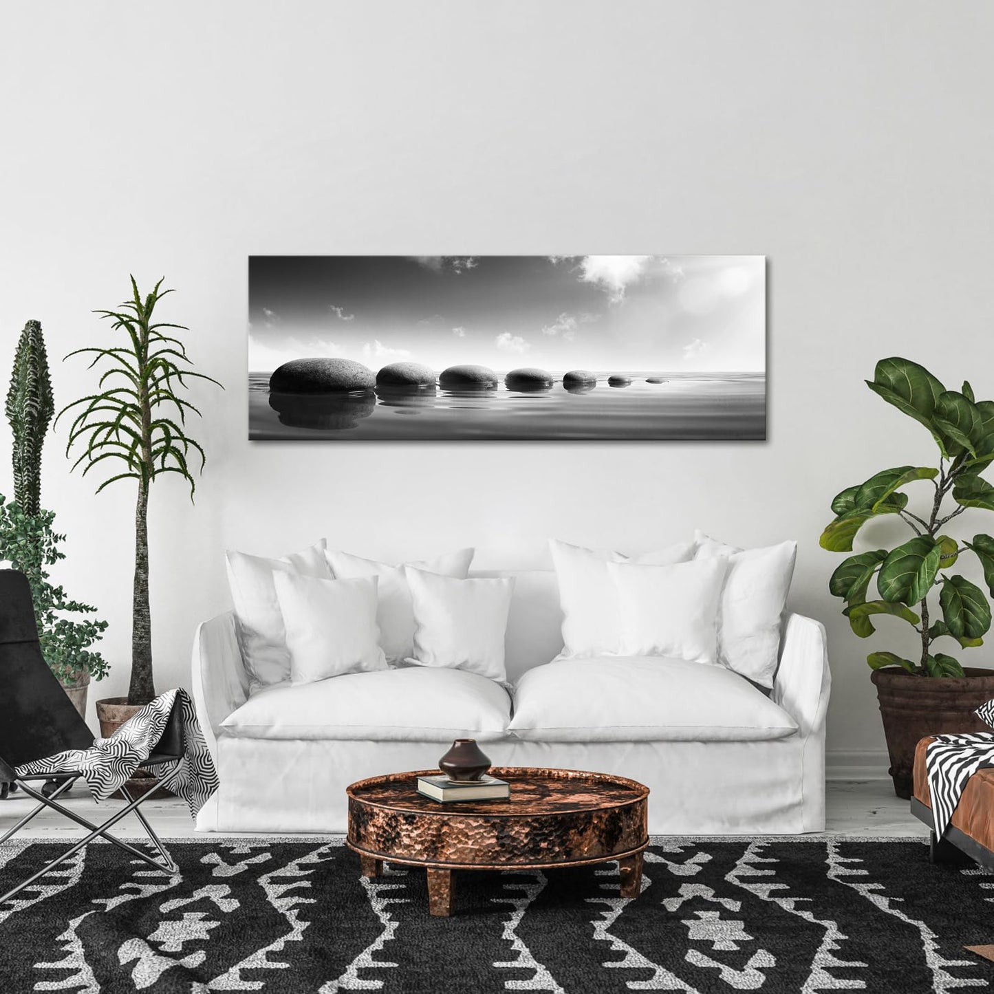 iKNOW FOTO Large Tranquil Zen Stones Canvas Print Monochrome Spa Wall Decor for Home & Office - Serene Nature Artwork for Living Room, Bathroom Mindfulness Black & White Picture 20x55 Inch
