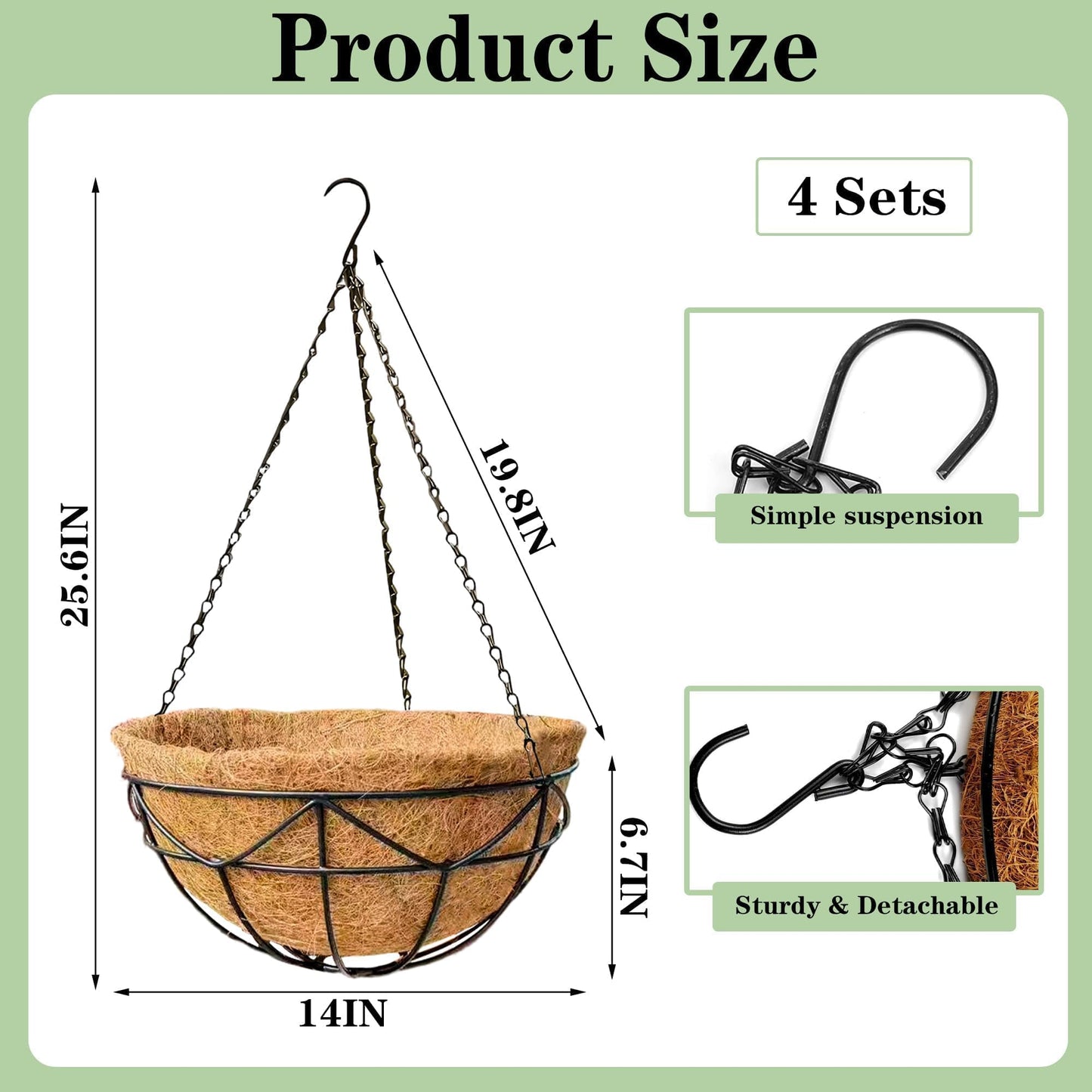 ZVOWOS 4 Pack 14 Inch Black Metal Hanging Planter Baskets with Coco Coir Liner Sturdy Hanging Flower Basket for Outdoor Indoor Garden Porch Patio Balcony Decor (Geometric)