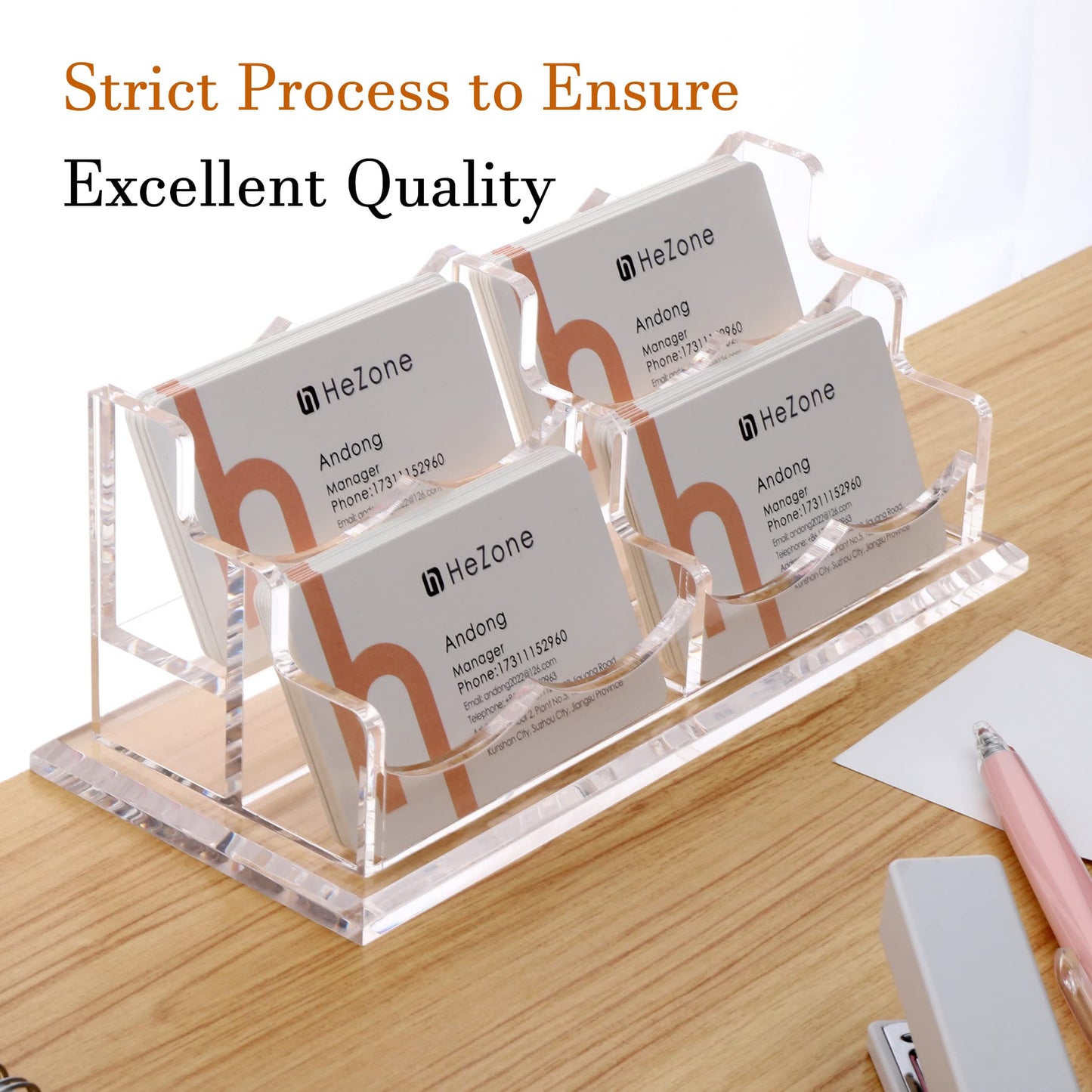 HeZone Business Card Holder Display for Desk, Cards Organizer Case for Women and Men 4 Slot 2 Tier, Clear Acrylic Business Card Stand Rack with 1 Pack (4 Grid-H)