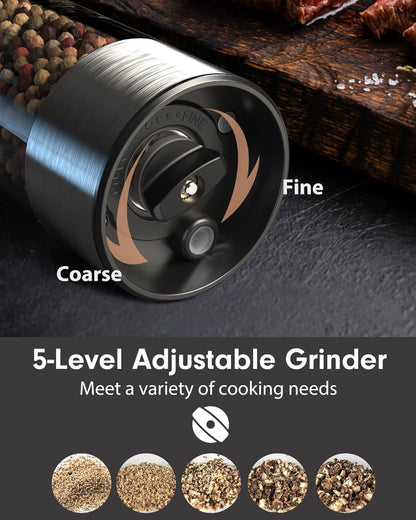 TOMEEM Electric Salt and Pepper Grinder Set, USB Rechargeable Salt and Pepper Grinder Set| Made of Stainless Steel | Adjustable Ceramic Grinder | LED Light
