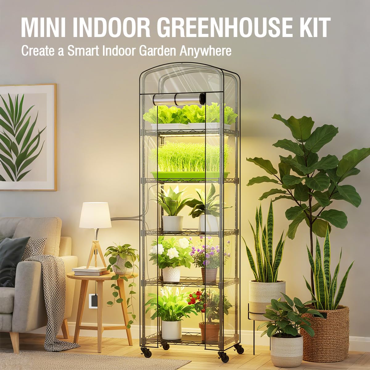 CUVERC Mini Indoor Greenhouse with Grow Light & PVC Cover Portable Small Greenhouse with Shelves Adjustable 5 Tier Metal Plant Stand with Grow Light for Indoor Plants, Seed Starting,16.5"x11.4"x56.3"