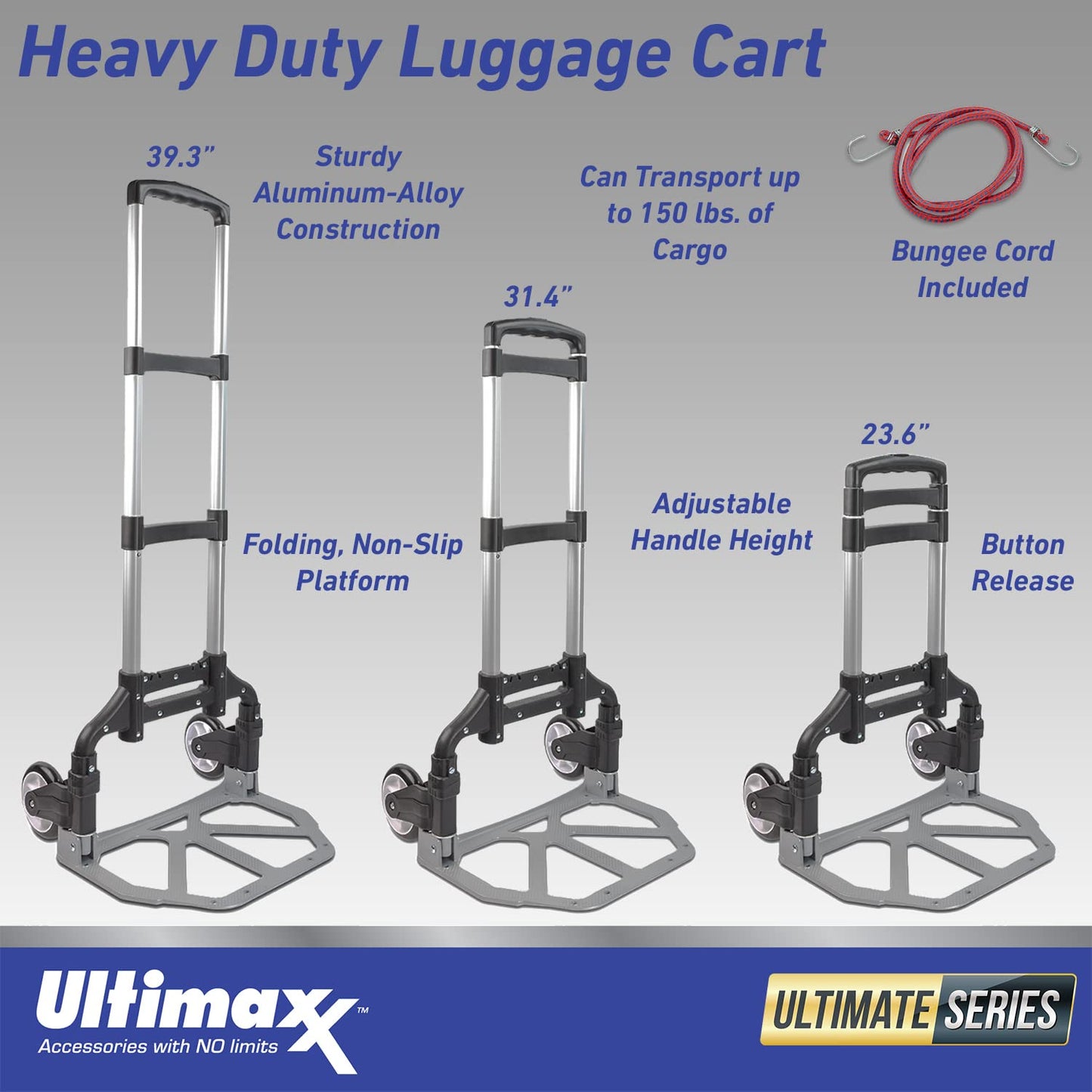 Ultimaxx Professional Heavy-Duty 150 Pound (lb) Capacity Aluminum Folding Hand Truck/Luggage Cart (Black/Silver) with Adjustable Handle, Folding Away Wheels, and Bungee Cord