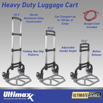 Ultimaxx Professional Heavy-Duty 150 Pound (lb) Capacity Aluminum Folding Hand Truck/Luggage Cart (Black/Silver) with Adjustable Handle, Folding Away Wheels, and Bungee Cord