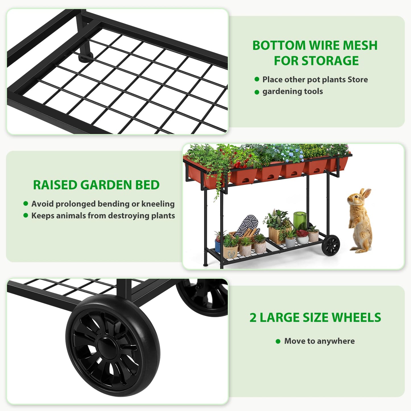 Vrisa Elevated Raised Garden Bed Outdoor with Legs 43x17x29 in Plastic Standing Planter Box with Storage Shelf and Wheels Vegetables Herbs Flowers Gardening Boxes for Backyard, Patio, Balcony, Black