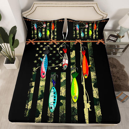 Castle Fairy Fishing Lure Bed Sheet Set for Boys Girls,Green Camouflage American Flag Bed Sheet Set Full Size Bedding Set,Camo Fish Print Fisherman Gift Fitted Sheet and 1 Flat, 2 Pillow Sham