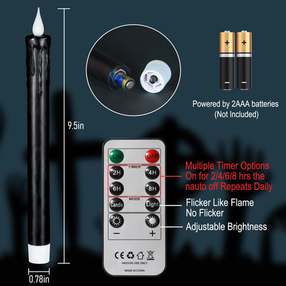 yunsheng 6Pcs Black Flameless Taper Candles with Remote Timer, 9.5 Inches Real Wax Battery Operated LED Candles, 3D Wick Warm White Flickeing Candle for Halloween Party Home Decor