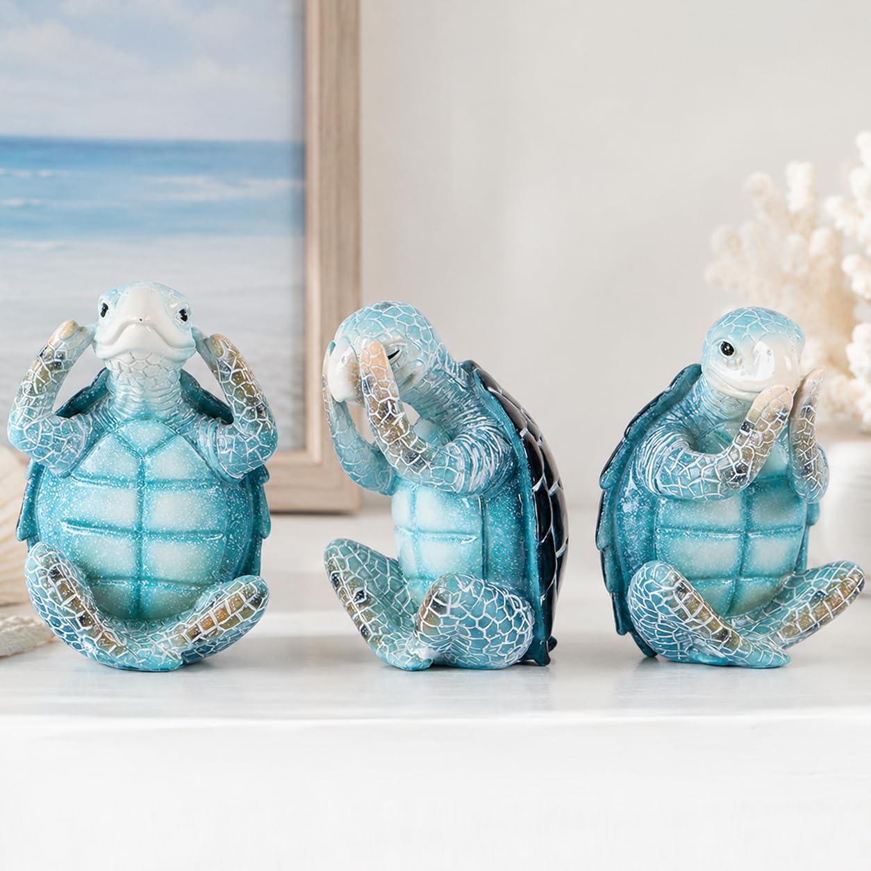 Wise Sea Turtle Sculpture Decor Set of 3,Hear See Speak No Evil Figurines,Summer & Coastal Bathroom Shelf Accents,Blue Ocean Statues for Beach House,Tiered Tray Mantel Decor,Sea Turtle Gifts for Women