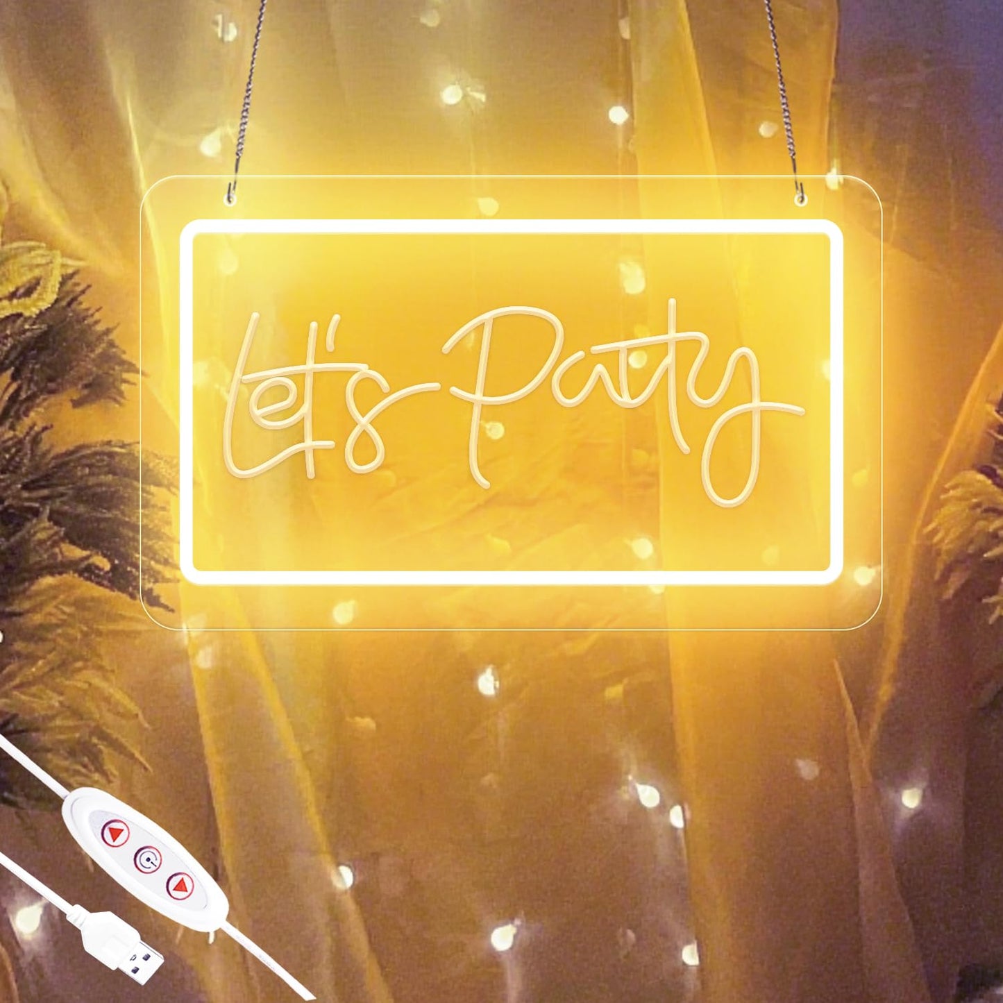 KeyDoors Let's Party 10.4 x 6.3in LED Neon Sign – Warm White Dimmable Neon Light, USB Powered Wall Decor for Party Backdrop, Bachelorette Party Decor, Ideal Christmas Gift & Birthday Gift
