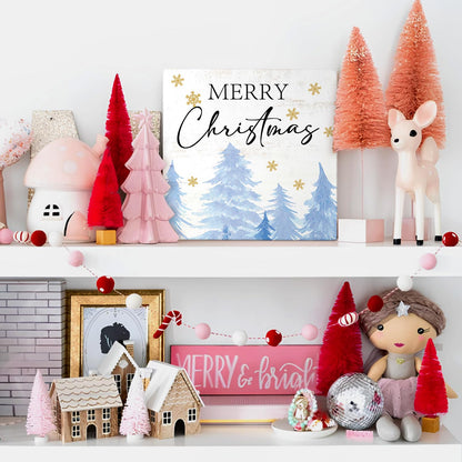 Mtrgdn Blue Christmas Decor Wooden Box Sign,Rustic Merry Christmas Sign for Bedroom Bathroom Home Office Desk Shelf Wall Decor,Blue Xmas Tree Decorations Gifts for Women Girls,5x5 Inch