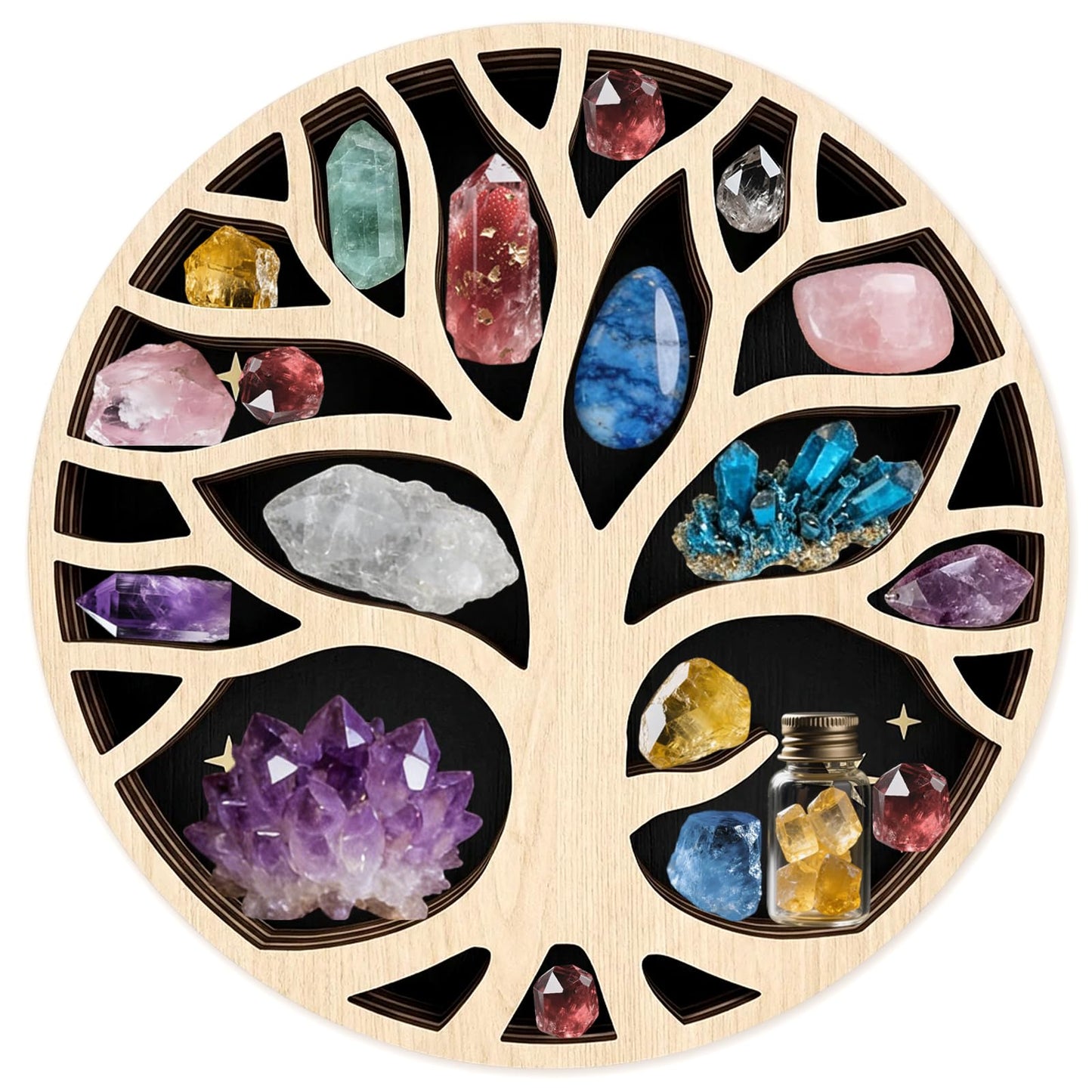 peacoblue Tree of Life Shaped Crystal Display Shelf 11.8" L× 11.8" W× 1.2" Wooden Wall Mounted Decor for Crystals, Gemstones & Trinkets for Bohemian, Witchy & Modern Interiors