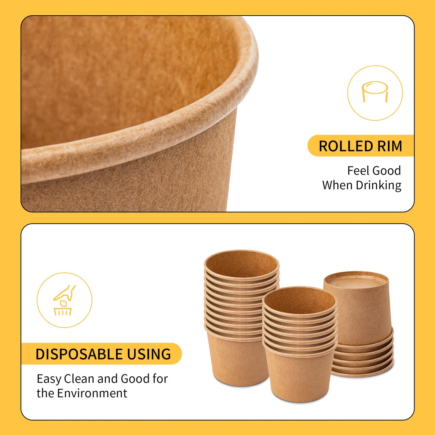 PakTalk 50 Pack Soup Containers with Lids, Disposable and Biodegradable Ice Cream Cups Kraft 12oz Paper Soup Bowls with Lids for Hot Drinking, Food, and Ice Cream (50 sets, 12 oz)