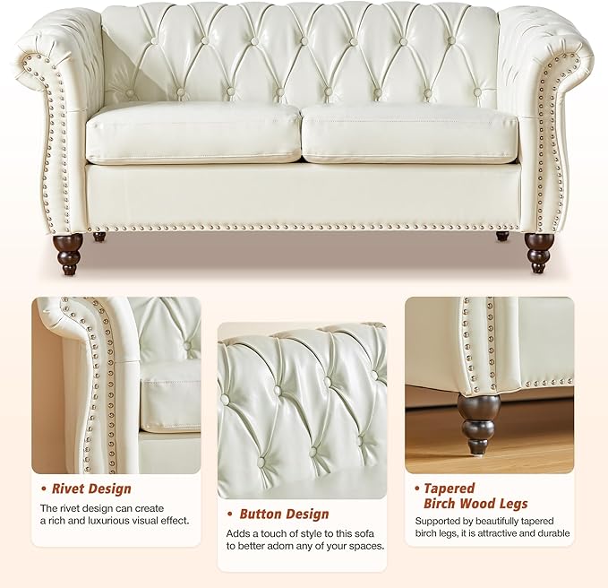 ORRD 3 Piece Living Room Set, Chesterfield Faux Leather Sofa Loveseat Couch