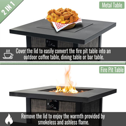 28" Propane Gas Fire Pit Table, 50000 BTU Square Outdoor Fire Pit with Steel Tabletop & Textilene Base, Patio Fire Table with Lava Rocks & Rain Cover for Backyard Deck Garden, Black