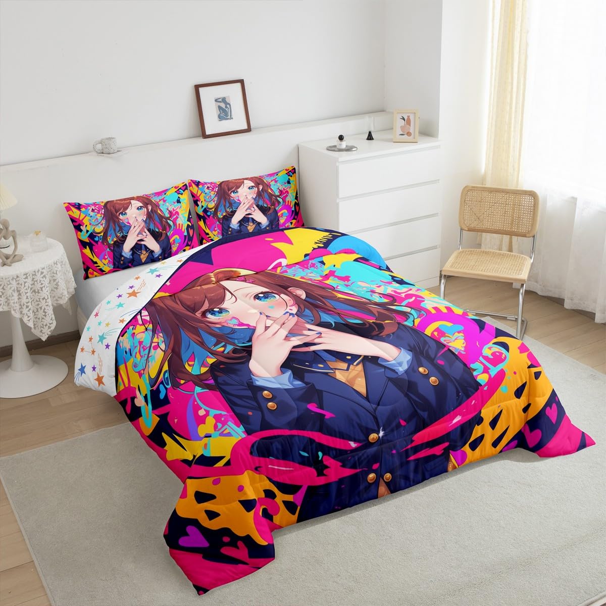 Erosebridal Anime Girl Twin Bedding Set, Japanese Anime Comforter Set 3 Piece for Kids Girls Teens Adult Bedroom Decor, Cartoon Girl Quilt Kawaii Japanese Animation Bedding Comforter Sets