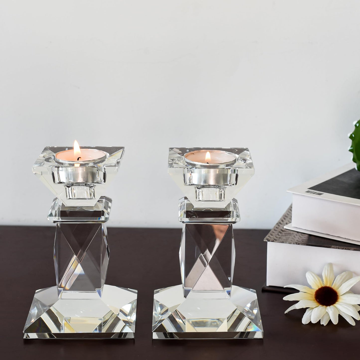 Marvala Crystal Candle Holders Set of 2, Double-Sided Design for Tea Lights & Taper Candles, Decorative Lighting Centerpiece for Home Decor, Wedding, Gift (Holiday, Birthday, Housewarming)