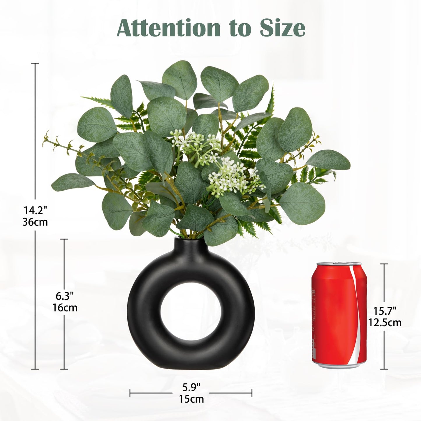 Artificial Eucalyptus Stems in Ceramic Vase 14.23" Fake Eucalyptus Plant Decor Black Donut Vase with Greenery Centerpiece Table Decorations Small Faux Green Plant for Home Farmhouse Wedding Table