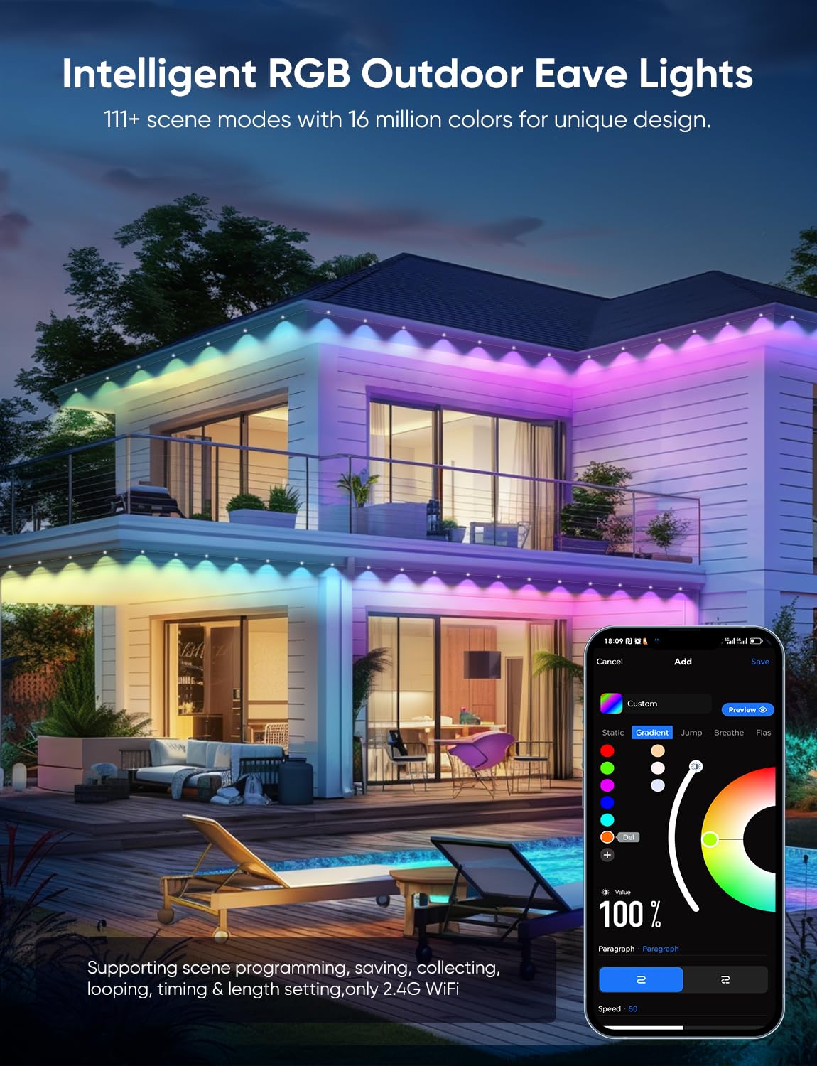 Permanent Outdoor Lights 100ft,RGBW Eaves Light with 72 LED Lights,111+ Scenes Modes Outdoor Lighting, Waterproof Permanent Light for Daily Holiday Halloween Decorations, Compatible with Alexa,White