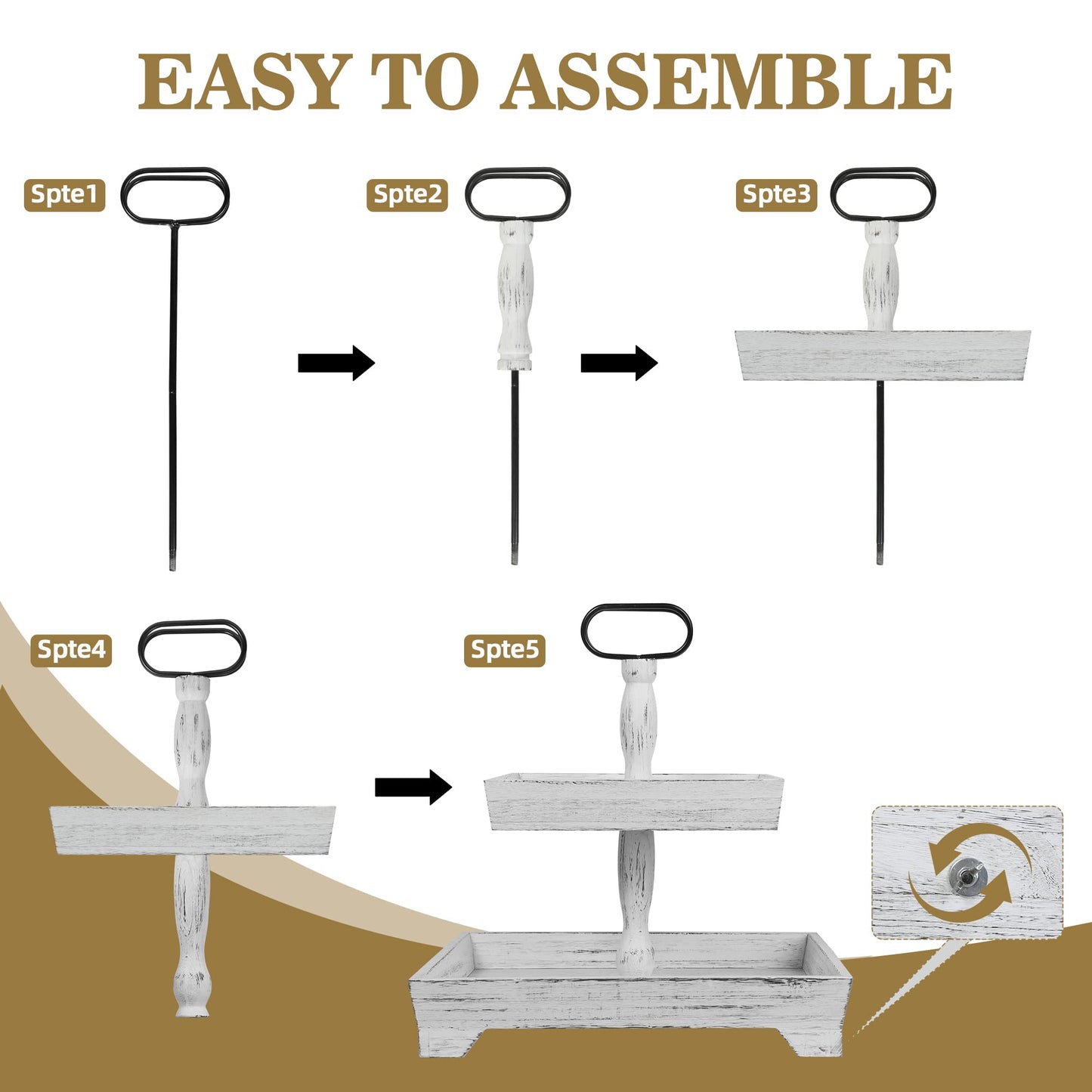 Eufrozy 2-Tier Farmhouse Tiered Tray Stand, Rustic White Wooden Decorative Serving Tray with Metal Handles, Rectangular Display Stand for 4th of July Decorations, Kitchen Table Housewarming Gifts