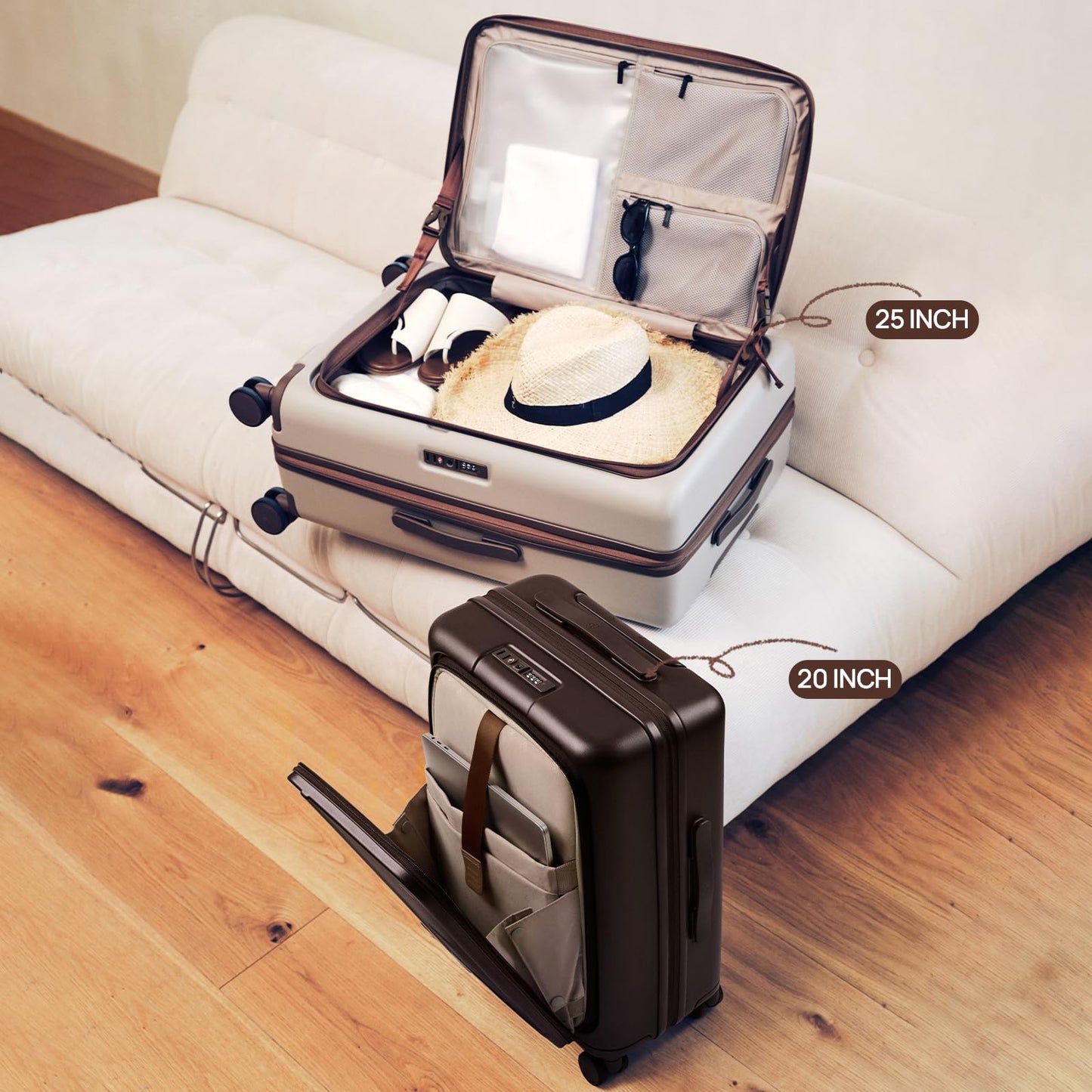 NINETYGO Medium Checked Luggage 25 Inch, Flat Top Opening Check In Luggage with Cup Holder, Expandable, Coffee-Infused PC Hard Shell, Eco-Friendly, TSA Lock, 360° Spinner Wheels (Americano)
