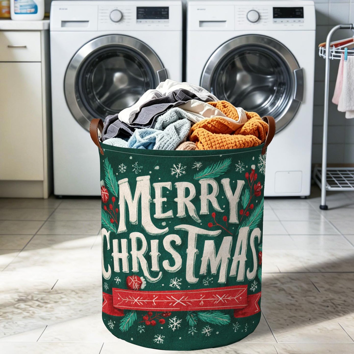 Vintage Merry Christmas Art Laundry Hamper, 15.75x19.7" Large Canvas Clothes Basket with Leather Handles, Retro Dark Green Holiday Storage Bin for Bedroom Bathroom Playroom