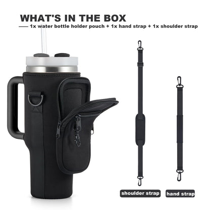 BULKITEM Water Bottle Carrier Bag with Phone Pocket for Black Stanley 40 oz Tumbler with Handle, Black Insulated Neoprene Cup Holder Pouch Strap for Valentines Stanley Cup Accessories