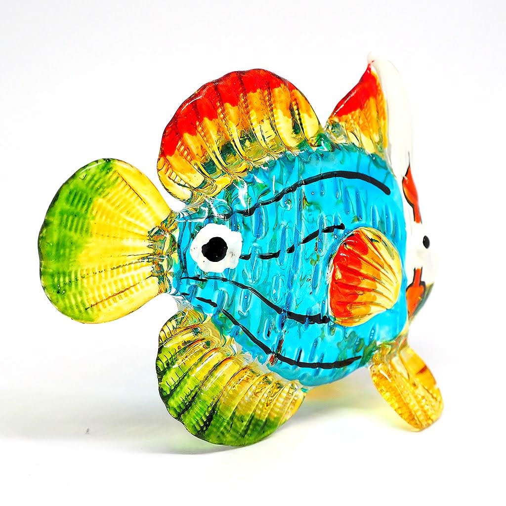 ZOOCRAFT Blown Glass Fish Figurine, Hand Painted Sea Creature Gift Ornament, 2.6" Tall Blue/Green Coastal Decor