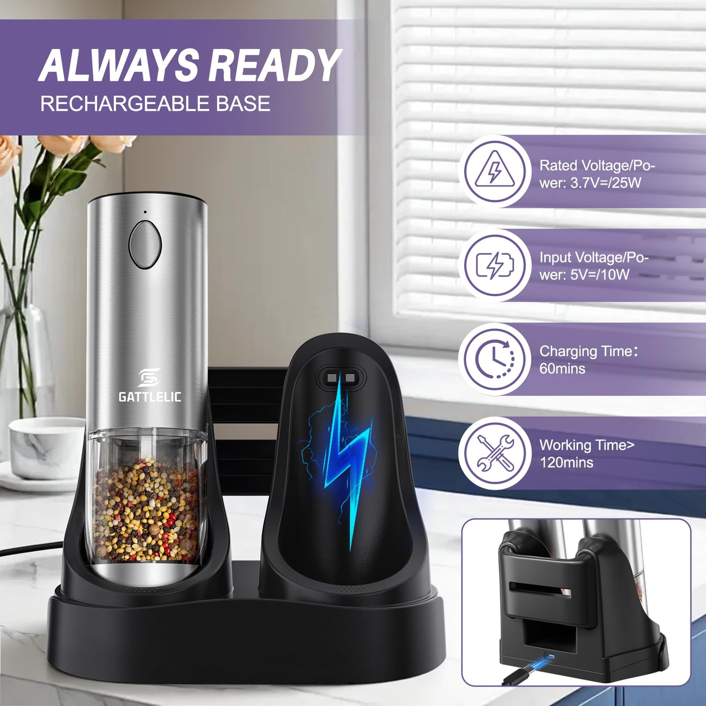 Electric Salt and Pepper Grinder Set, Automatic Pepper Mill Grinder w/Upgraded Charge Base and LED Light,Adjustable Coarseness,Rechargeable Black Peppercorn & Sea Salt Spice Mill Set