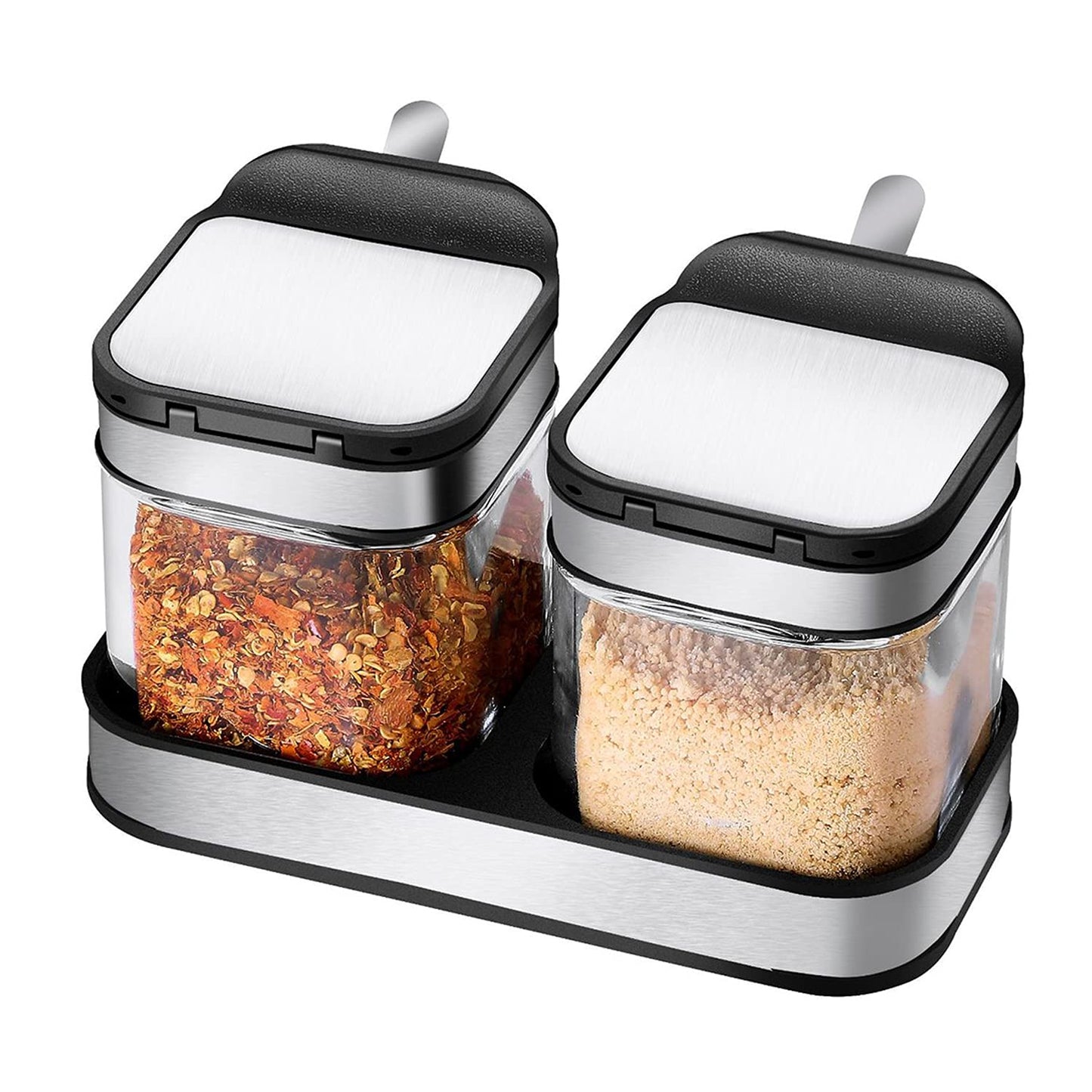 SvaTao Condiment Jar Spice Container with 304 Stainless Steel Lids and Spoons,Clear Glass Condiment Canisters Pots Seasoning Box Salt Container Sugar Bowl Set of 2 for Kitchen, Counter, Food Storage