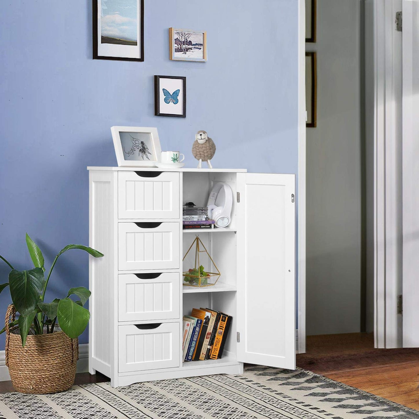 Yaheetech Bathroom Floor Cabinet Cupboard Free Standing Wooden Cabinet Storage Unit with 4 Drawers & 1 Door, Adjustable Shelf, White