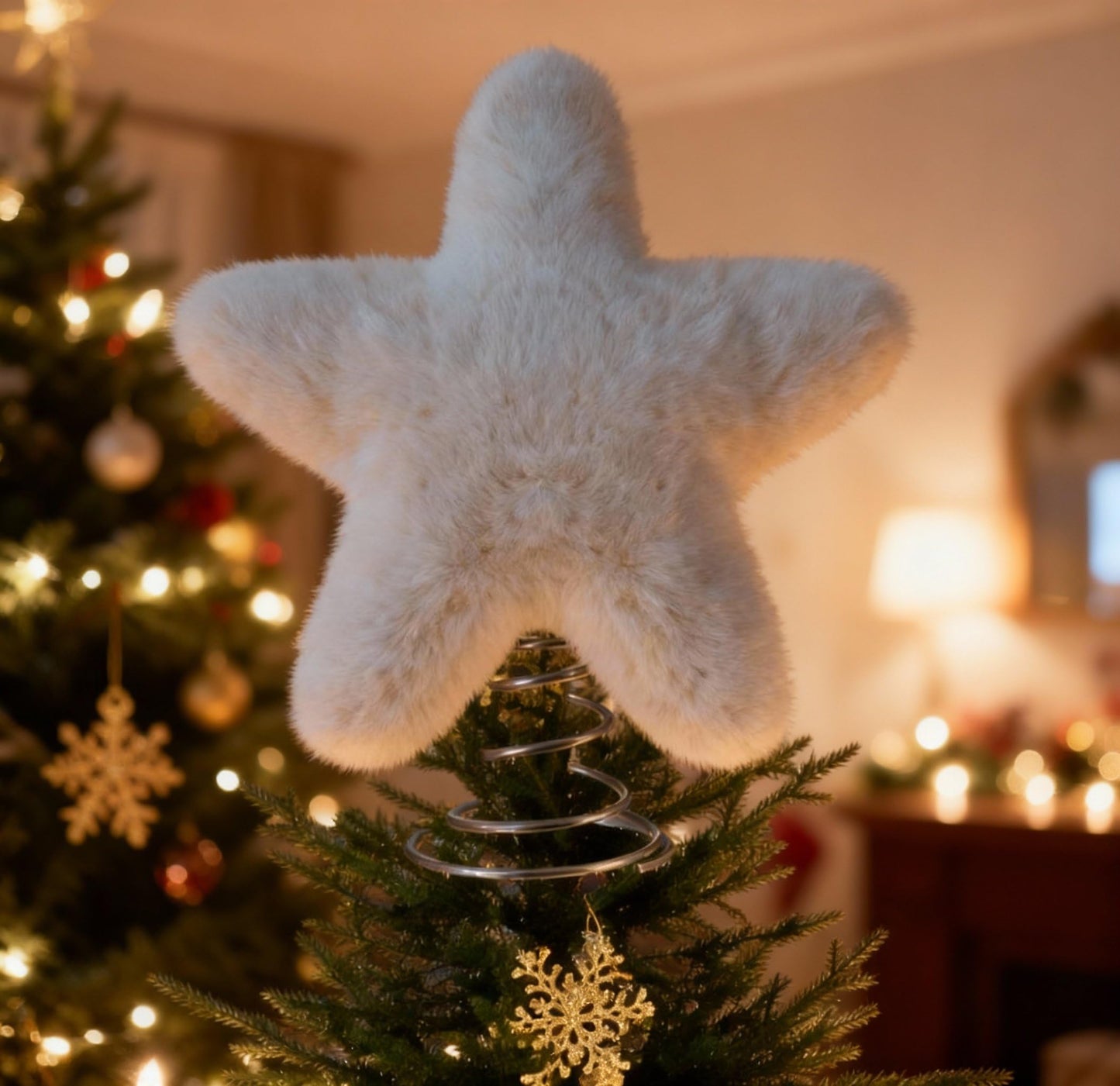 Soulchen 11 Inch White Christmas Star Tree Topper Faux Mink Fur Christmas Tree Topper Star White Rustic Treetop Ornaments for Xmas Decoration Home Indoor Outdoor Holiday Decoration