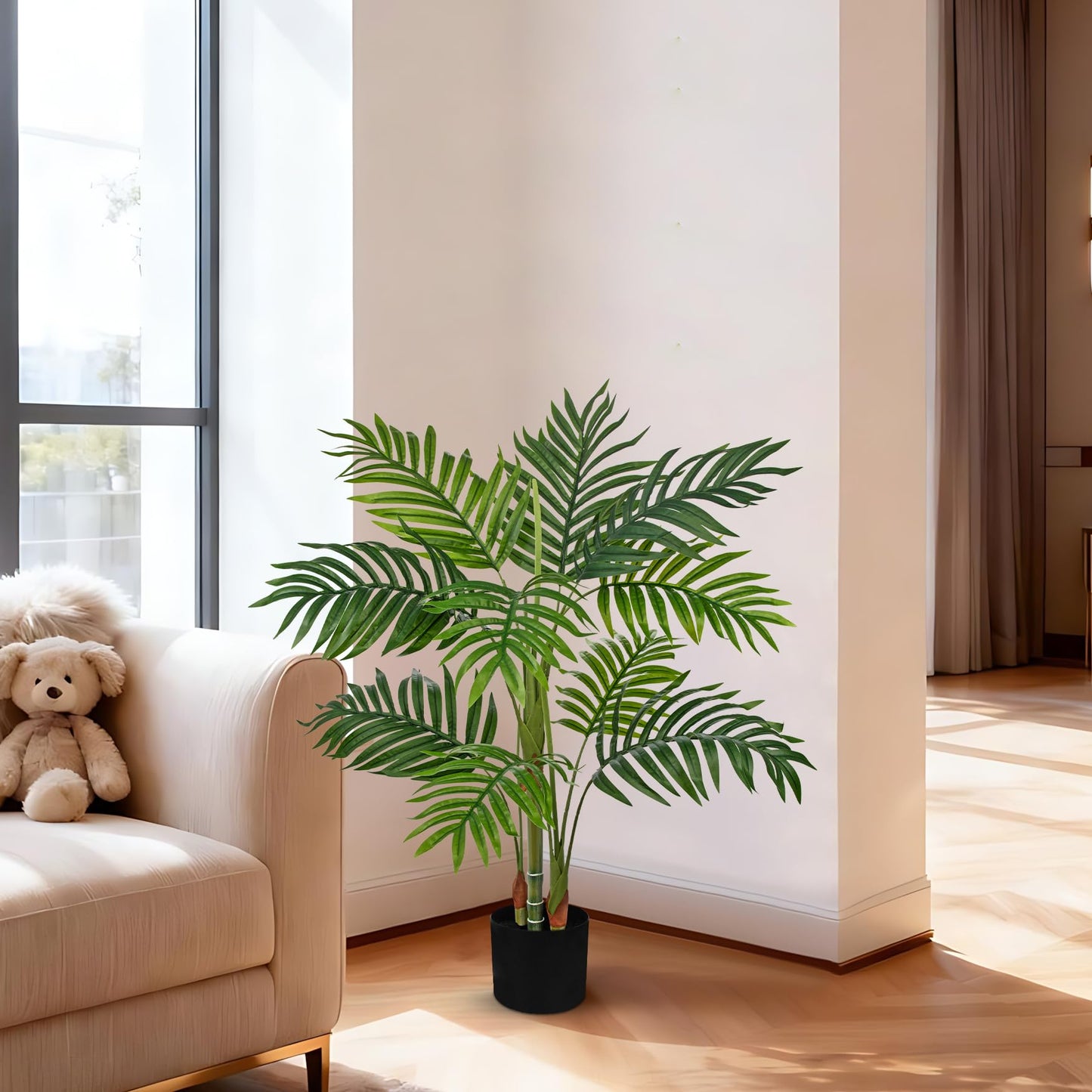 Hollyone Fake Palm Tree Decor 3FT with Planter Artificial Palm Tree Faux Tropical Areca Floor Plant in Pot with 3 Textured Trunks Silk Plant for Home Garden Outdoor Indoor Office Decor