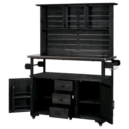 GDFStudio Preden Outdoor Storage Bench Table with Cabinet, Patio Wooden Potting Bench, Garden Storage Work Bench with Stainless Steel Top, Drawers, Cabinets, Shelves and Hooks, Kitchen Island, Black
