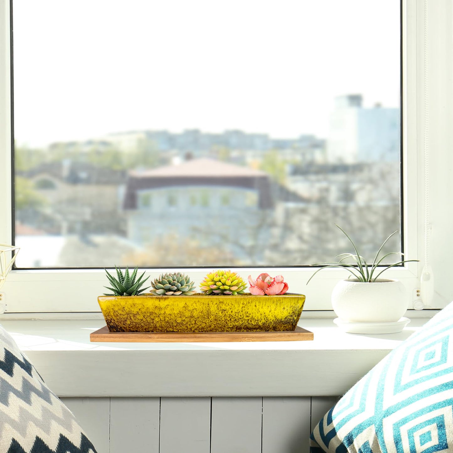 ARTKETTY Succulent Pots, 9.8 Inch Ceramic Succulent Planters with Drainage Small Bonsai Pot with Bamboo Tray, Mini Cactus Flower Planter Pot Shallow Rectangular Window Planters for Indoor Plants