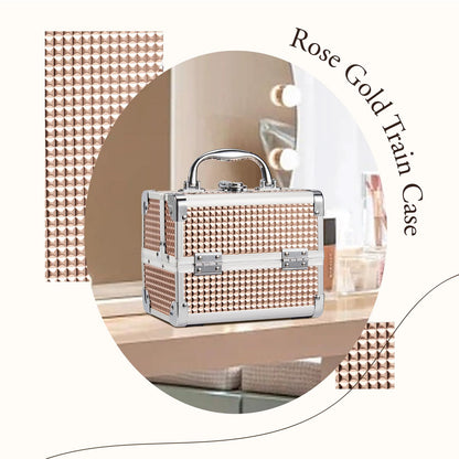 Joligrace Rose Gold Makeup Box Vanity Case Cosmetic Organiser Case Travel Make Up Case Beauty Box with Mirror, 2 Trays, Lockable, Size: 19.5 x 15 x 16cm