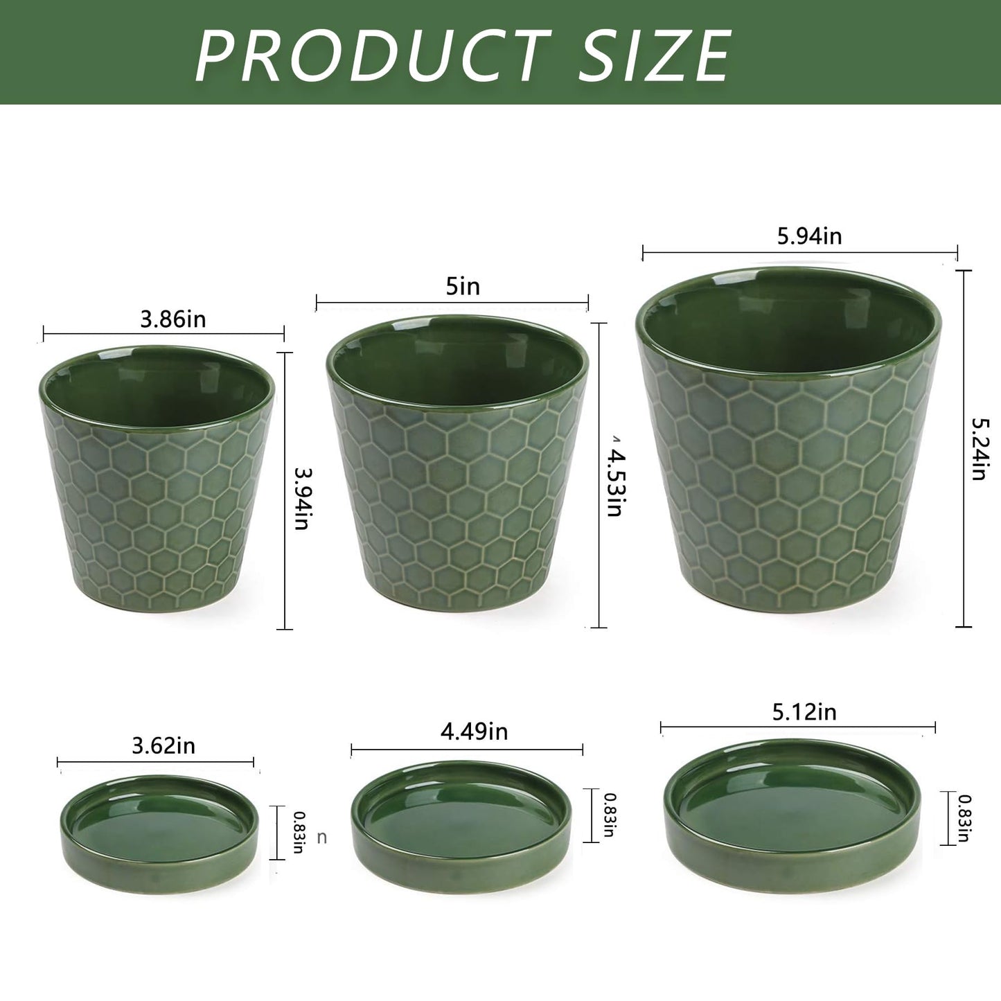 Ceramic Plant Pots,4+5+6 Inch Pots for Indoor Plants,Planters with Drainage Holes and Ceramic Tray, Indoor Flower Pots Gardening Home Desktop Office Windowsill Decoration Gift,Set of 3 (Patina)