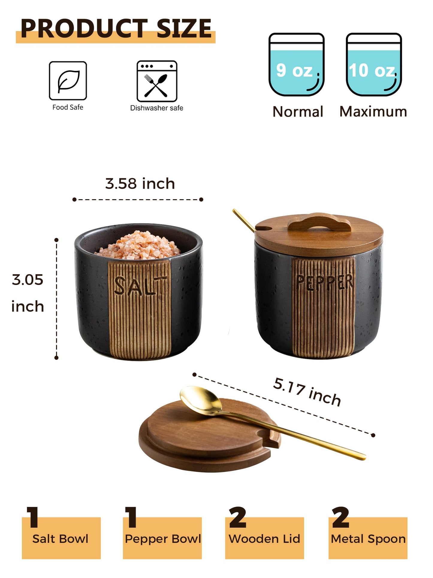 YHOJOY Salt and Pepper Bowl, Ceramic Salt Containers for Countertop, Salt and Pepper Cellar with Lid and Spoons