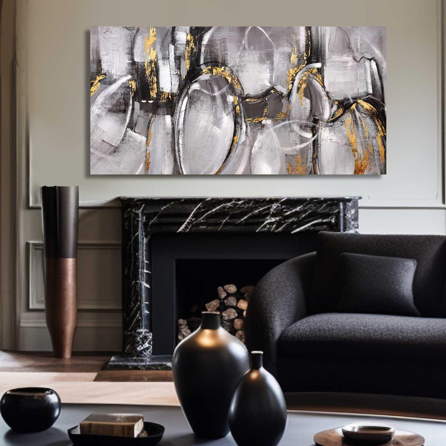 XIANSHOU Black and Grey Painting Pictures Abstract Wall Decor for Office 29"x 58" Modern Artwork Gold Foil Wall Art for Living Room Dining Room Bedroom