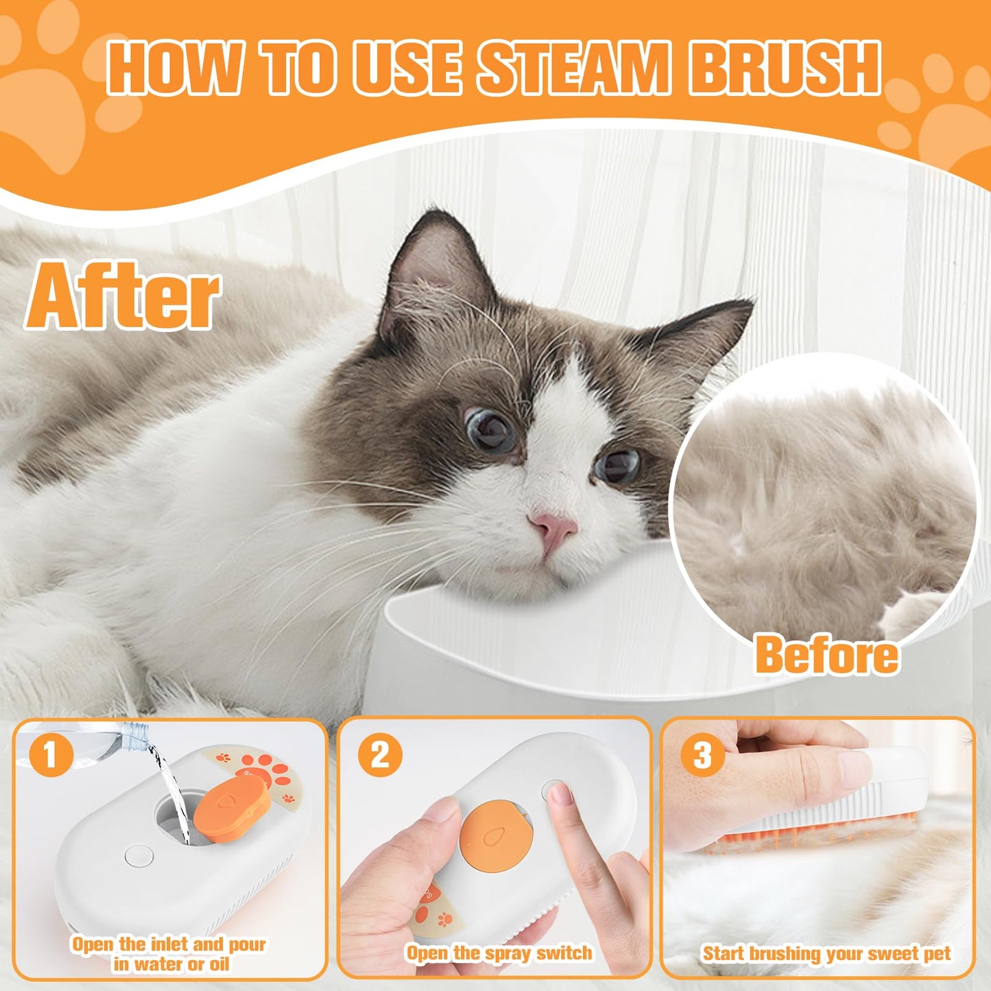 SOGUE Cat Steam Brush,Rechargeable Pet Steam Brush for Cats Dogs,Silicone Dog Brushes for Short&Long Haired Dogs,3 In 1 Pet Hair Remover Tool for Massage Grooming,Cleaning,Shedding White