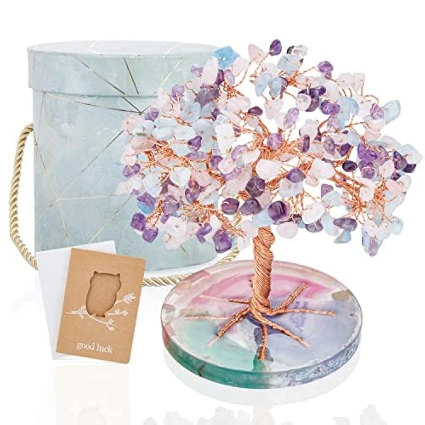 ZenBless 7 Chakra Healing Crystals Stones Tree, Amethyst Pink Aquamarine Leaf Wire on Natural Agate Slice Base House Warming Feng Shui Decoration Luck Gifts for Women Mom Birthday Valentine's Day