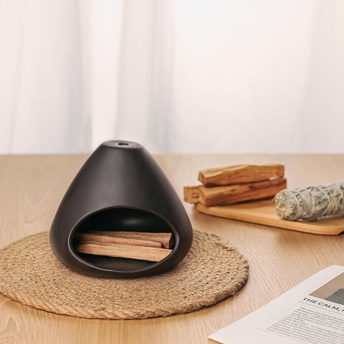 Ceramic Palo Santo Holder, Modern Incense Burner, Smudge Bowl (Black)
