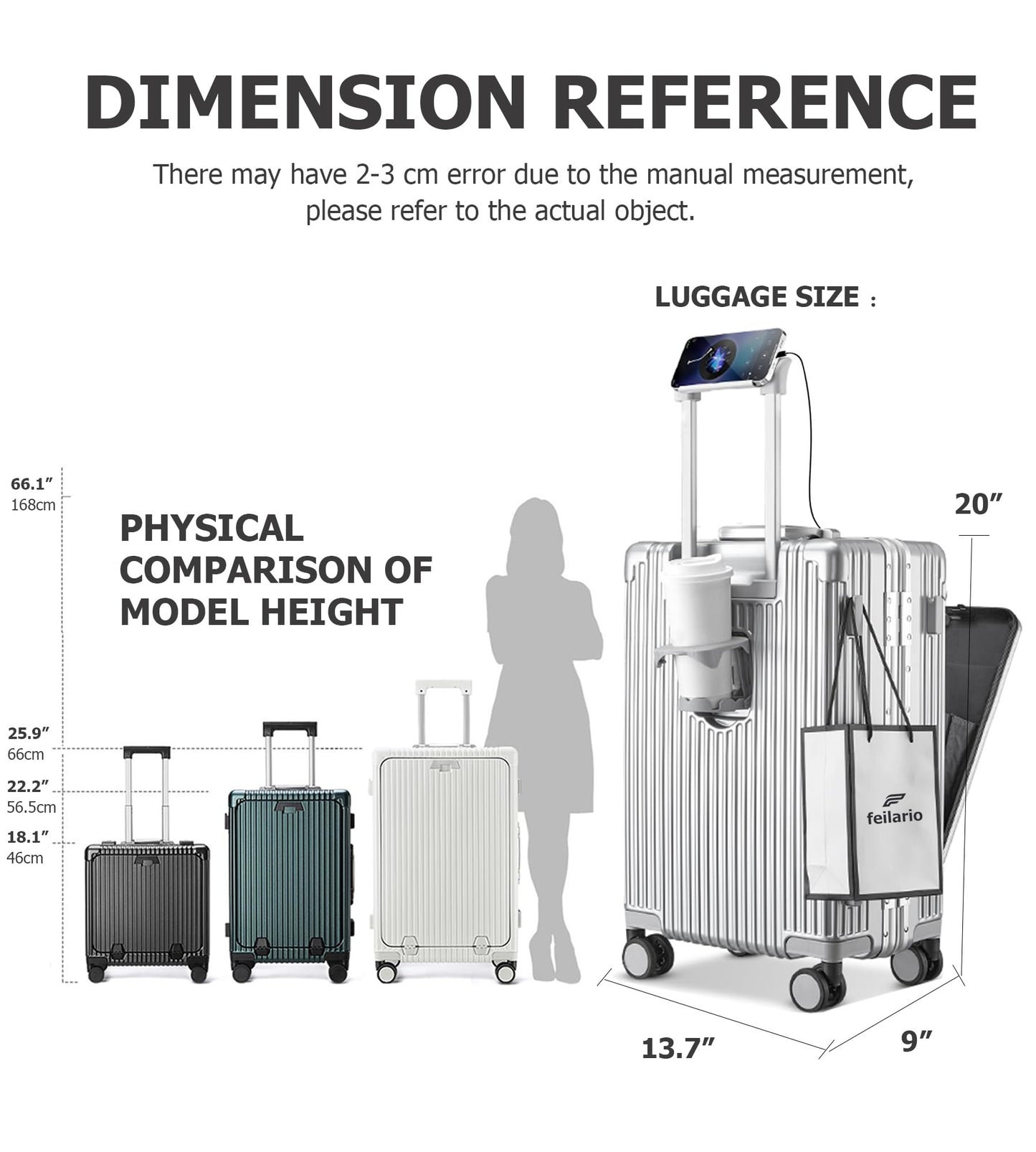 feilario Aluminium Frame PC Hard Shell Spinner Wheels Luggage,20.8"X15"X8.7 Airline Approved Built-In TSA lock Carry on Suitcase, with Cup Holder, USB Port, Phone Holder