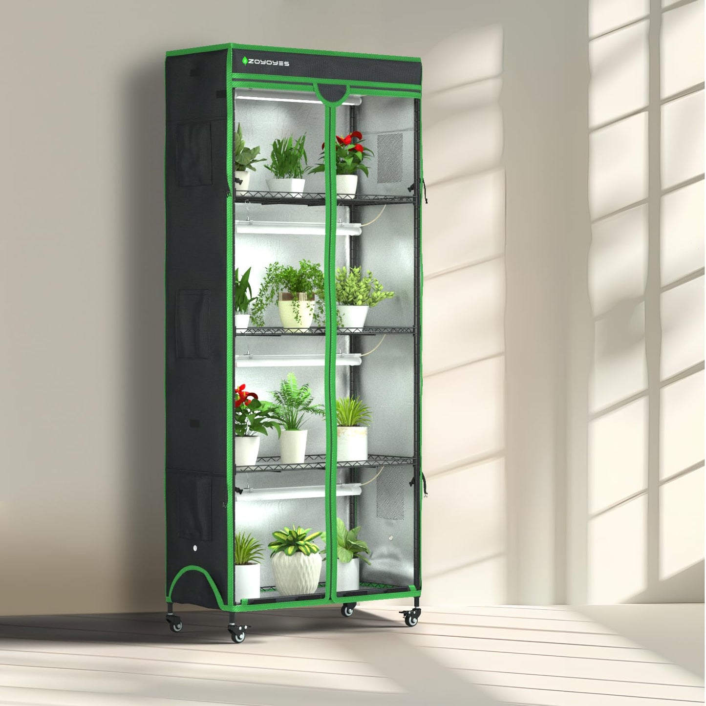 ZOYOYES Indoor Greenhouse with Grow Light, 35.8" W x 17.8" D x 71.8" H, 5-Tier Plant Shelf with 3-Color T8 Growth Lights, Plant Stand with Smart Timing Plug and thermohygrometer