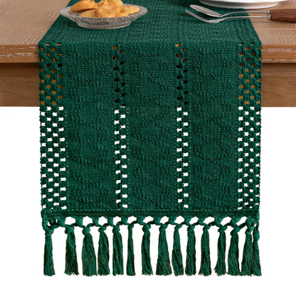 Socomi Boho Table Runner Fall Thanksgiving Farmhouse Rustic Dining Kitchen Centerpiece Decor Small Macrame Woven Cotton Linen Coffee Table Runner for Dresser Scarf Home Decor 12x48 inch Emerald Green