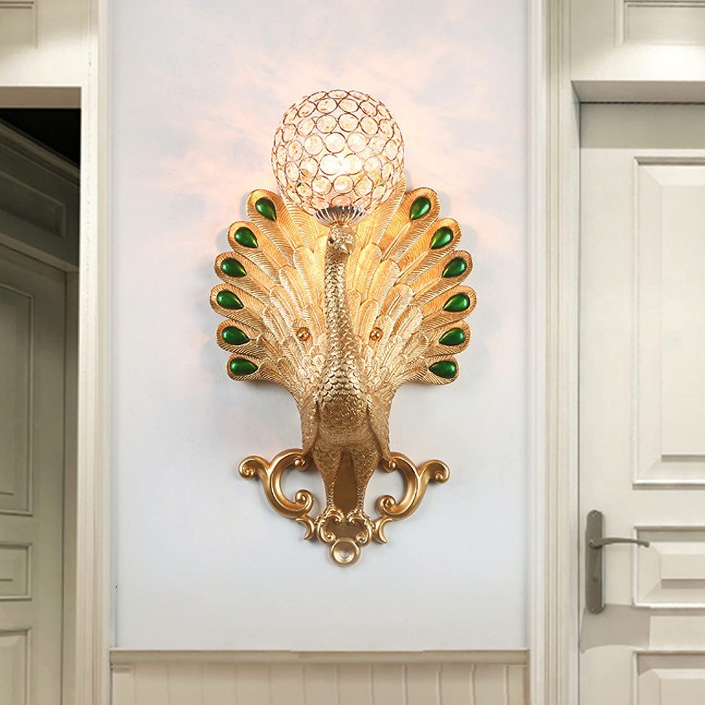 CEKUXPS Modern Resin Peacock Light Wall Sconce, Gold Crystal Wall Lamp, 20.4" x 12.2" x 12.2", Living Room, Bedroom, Kitchen, Dining, Study, Hallway