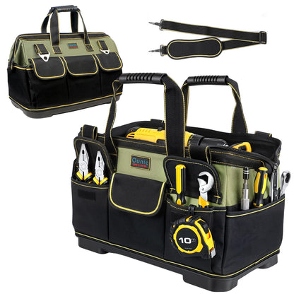 Tool Bag, Ounic 18 Inch Large Tool Tote Bag Heavy Duty With Waterproof Molded Base, Wide Mouth Tool Box Organizer with Adjustable Shoulder Strap for Electrician Mechanic Craftsman Plumbers(Green)