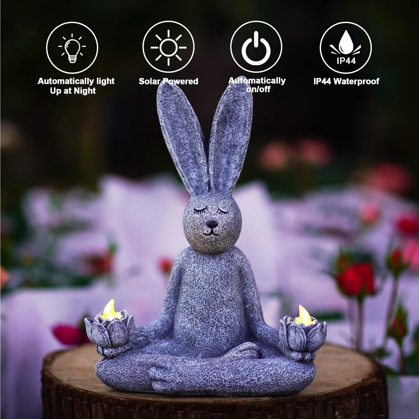 Goodeco Zen Rabbit Statue with Solar Lotus - Garden Yoga Bunny with LED Solar Lotus Lights, Sitting Meditating Buddha Rabbit Serene Resin Figurine for Patio Yard Lawn Ornaments, Home or Outside