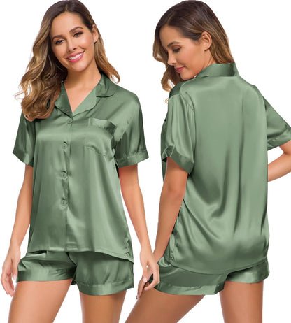 SWOMOG Womens Silk Satin Pajamas Set Short Sleeve Sleepwear Button Down Top and Shorts Loungewear 2 Piece Pjs Set XS-3XL