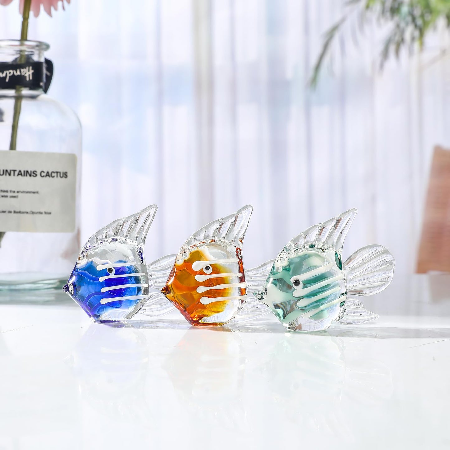 LONGWIN Miniature Blown Glass Fish Figurines Collectible Decor for Home, Handcrafted Glass Sea Animal Sculpture, Set of 3